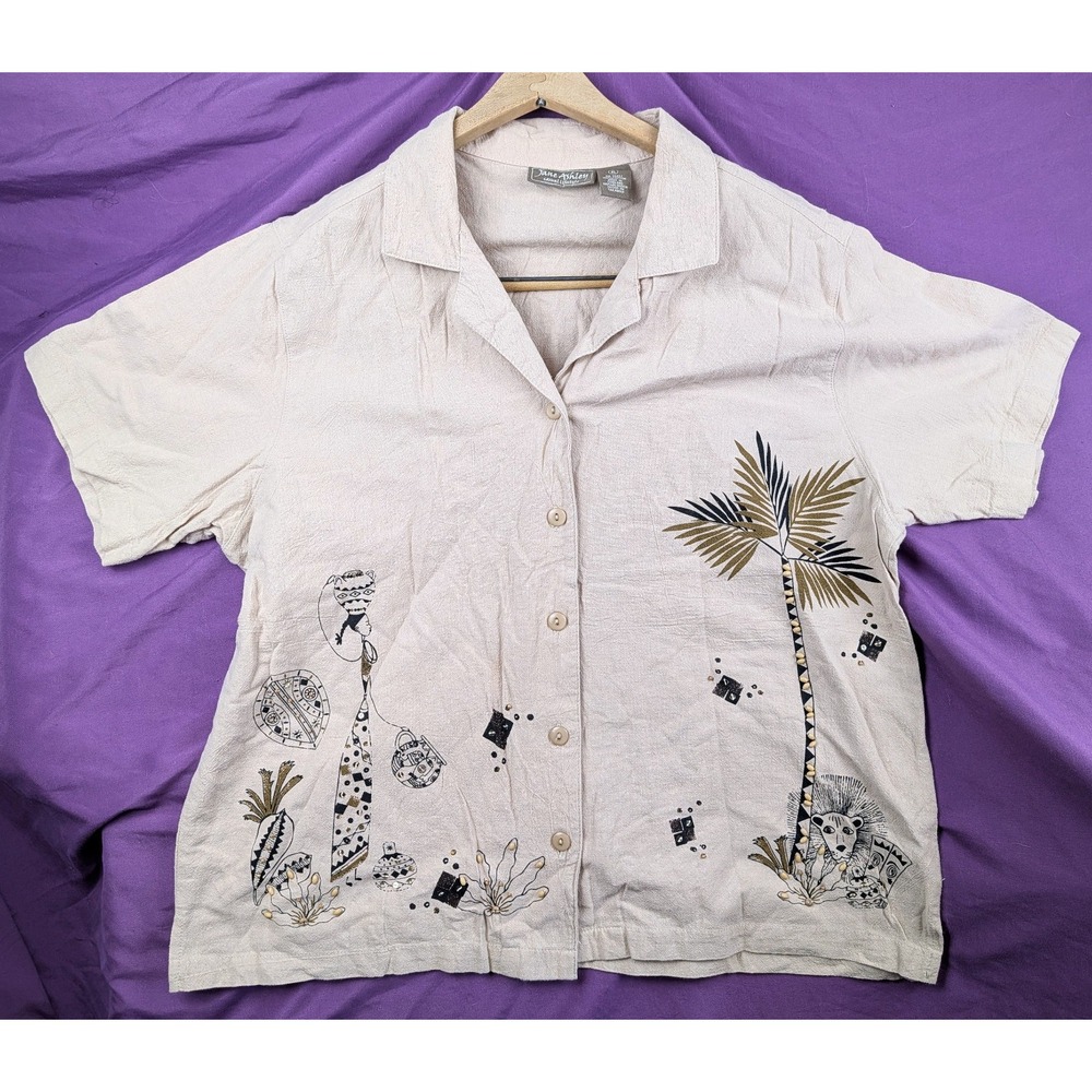 Jane Ashley Batik Camp Shirt Khaki African Beaded Print Button Up Shirt Lion VTG